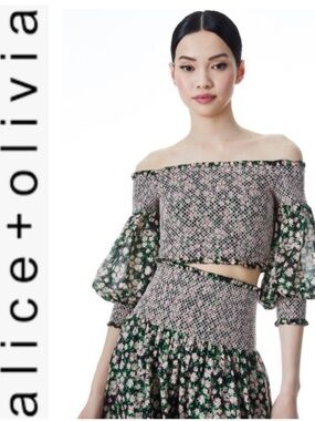 Alice + Olivia Candra Smocked Off-Shoulder Crop Top Black Floral Size S
